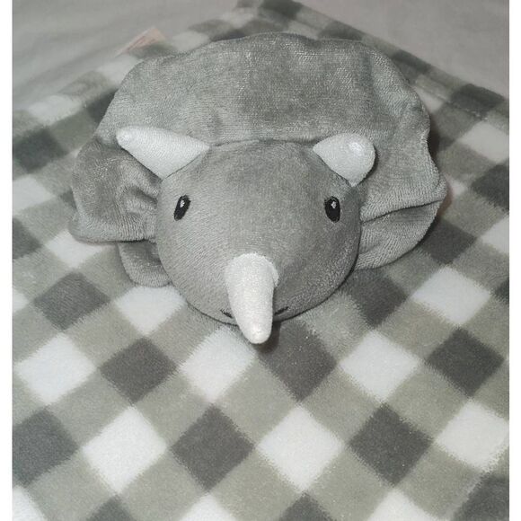 Lila & Jack Triceratops Security Blanket Dinosaur Lovey Gray White Plaid Rattle - Picture 1 of 6